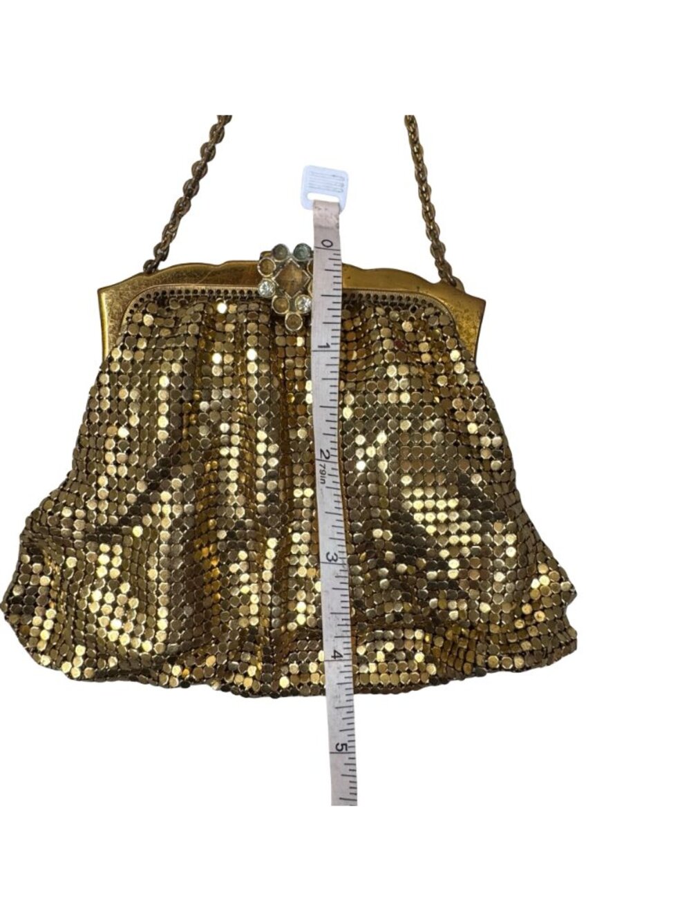 Antique Whiting & Davis Gold Mesh Evening Bag Chainmail Rhinestone Clasp READ - Picture 8 of 11